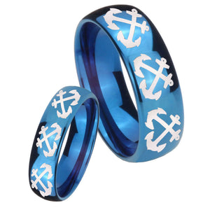 Bride and Groom Multiple Anchor Dome Blue Tungsten Carbide Mens Bands Ring Set