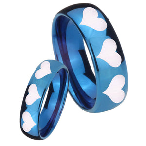 Bride and Groom Multiple Heart Dome Blue Tungsten Carbide Bands Ring Set