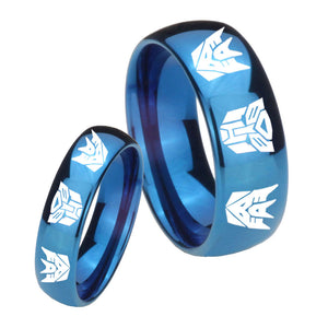 Bride and Groom Transformers Autobot Decepticon Dome Blue Tungsten Promise Ring Set