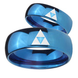 Bride and Groom Zelda Triforce Dome Blue Tungsten Carbide Wedding Bands Ring Set