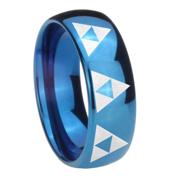 8mm Multiple Zelda Triforce Dome Blue Tungsten Carbide Mens Wedding Band