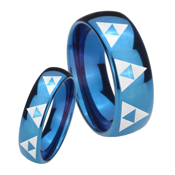 His Hers Multiple Zelda Triforce Dome Blue Tungsten Men's Wedding Ring Set