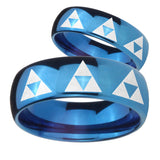 His Hers Multiple Zelda Triforce Dome Blue Tungsten Men's Wedding Ring Set