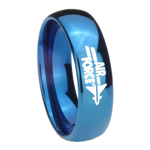 8MM Glossy Blue Dome Air Force Tungsten Carbide Laser Engraved Ring