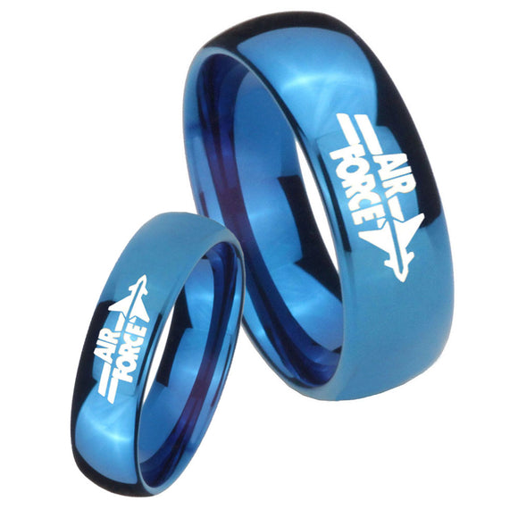 His Hers Mirror Blue Dome Air Force Tungsten Carbide Wedding Rings Set