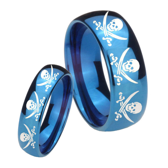 His Hers Multiple Skull Pirate Dome Blue Tungsten Men's Promise Rings Set