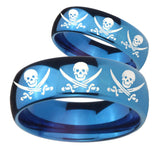 His Hers Multiple Skull Pirate Dome Blue Tungsten Men's Promise Rings Set