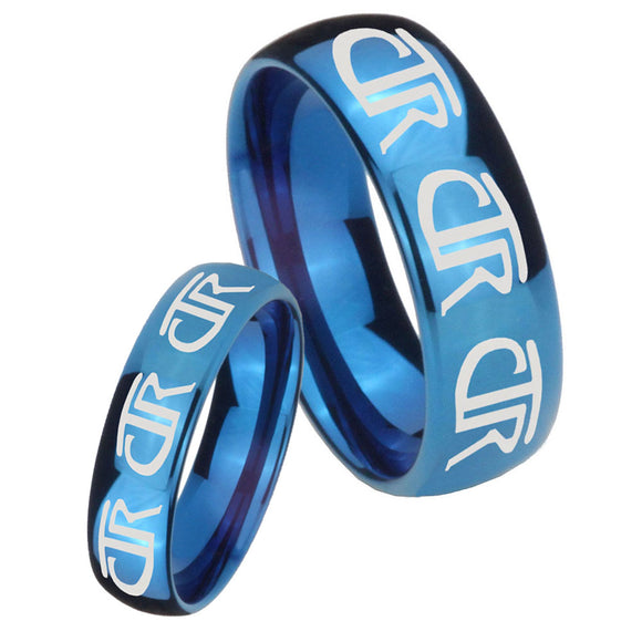 Bride and Groom Multiple CTR Dome Blue Tungsten Carbide Wedding Band Ring Set