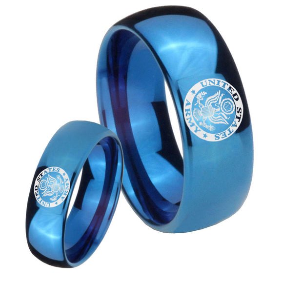 Bride and Groom U.S. Army Dome Blue Tungsten Personalized Ring Set