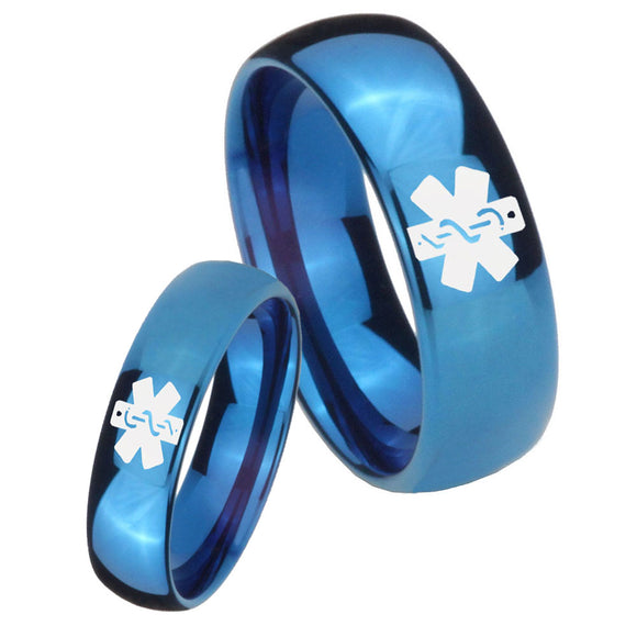 Bride and Groom Medical Alert Dome Blue Tungsten Carbide Personalized Ring Set