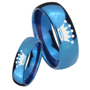 Bride and Groom Crown Dome Blue Tungsten Carbide Wedding Band Mens Set