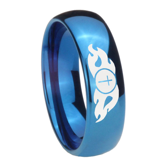 8mm Flamed Cross Dome Blue Tungsten Carbide Men's Engagement Band