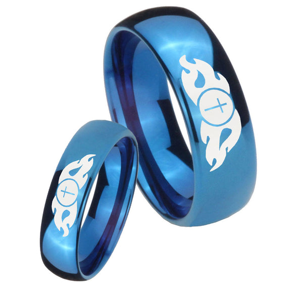 Bride and Groom Flamed Cross Dome Blue Tungsten Carbide Mens Promise Ring Set