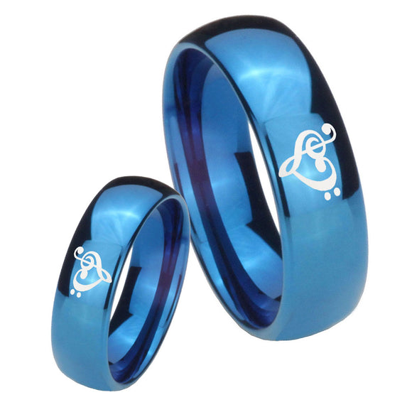 Bride and Groom Music & Heart Dome Blue Tungsten Carbide Mens Wedding Ring Set