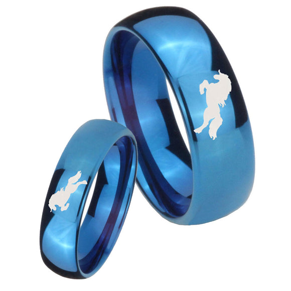 Bride and Groom Horse Dome Blue Tungsten Carbide Wedding Band Ring Set