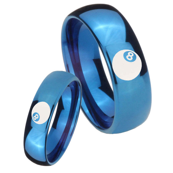 Bride and Groom 8 Ball Dome Blue Tungsten Carbide Promise Ring Set