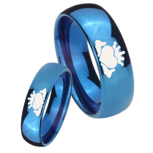 Bride and Groom Claddagh Design Dome Blue Tungsten Carbide Rings for Men Set