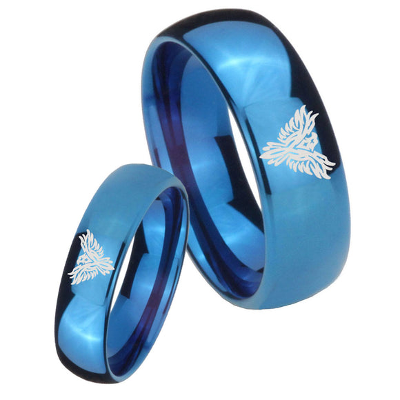 Bride and Groom Phoenix Dome Blue Tungsten Carbide Men's Band Ring Set