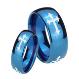 Bride and Groom Christian Cross Religious Dome Blue Tungsten Personalized Ring Set