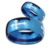Bride and Groom Christian Cross Religious Dome Blue Tungsten Personalized Ring Set
