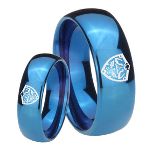 Bride and Groom Zelda Hylian Shield Dome Blue Tungsten Engagement Ring Set