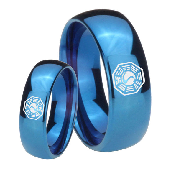 Bride and Groom Lost Dharma Dome Blue Tungsten Carbide Rings for Men Set