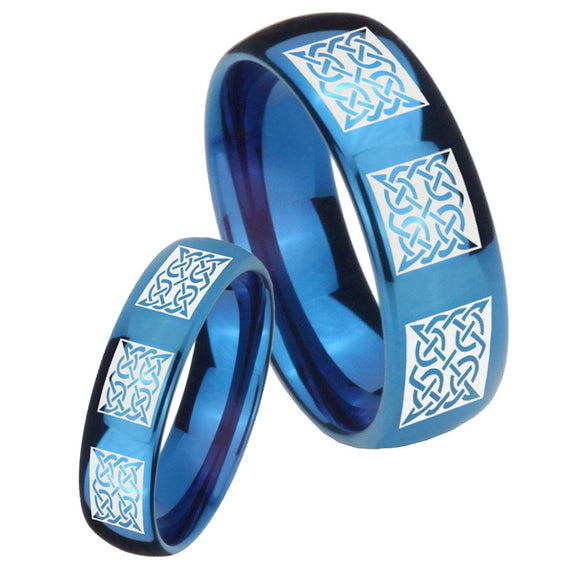 Bride and Groom Multiple Celtic Dome Blue Tungsten Carbide Men's Bands Ring Set