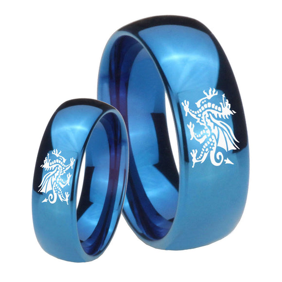 Bride and Groom Dragon Dome Blue Tungsten Carbide Wedding Engraving Ring Set