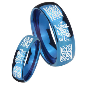 His and Hers Multiple Dragon Celtic Dome Blue Tungsten Mens Wedding Ring Set