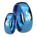 Bride and Groom Wolf Dome Blue Tungsten Carbide Wedding Band Ring Set