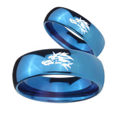 Bride and Groom Wolf Dome Blue Tungsten Carbide Wedding Band Ring Set