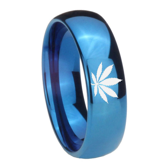8mm Marijuana Leaf Dome Blue Tungsten Carbide Wedding Band Ring