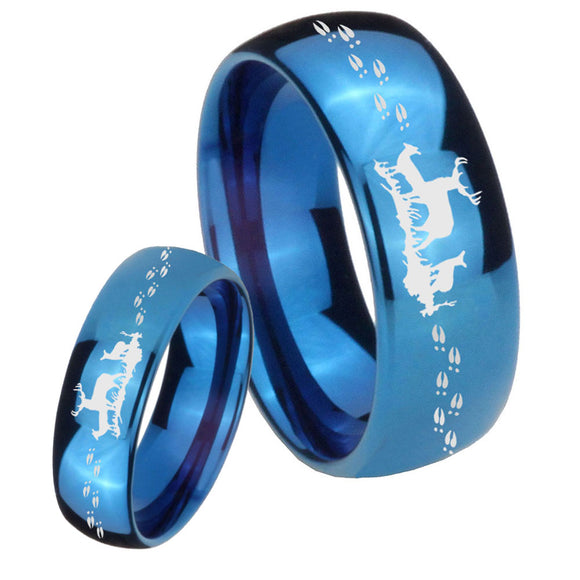 Bride and Groom Deer Hunting Dome Blue Tungsten Personalized Ring Set