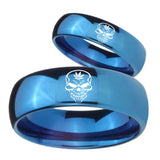 His and Hers Skull Marijuana Leaf  Dome Blue Tungsten Men's Wedding Band Set