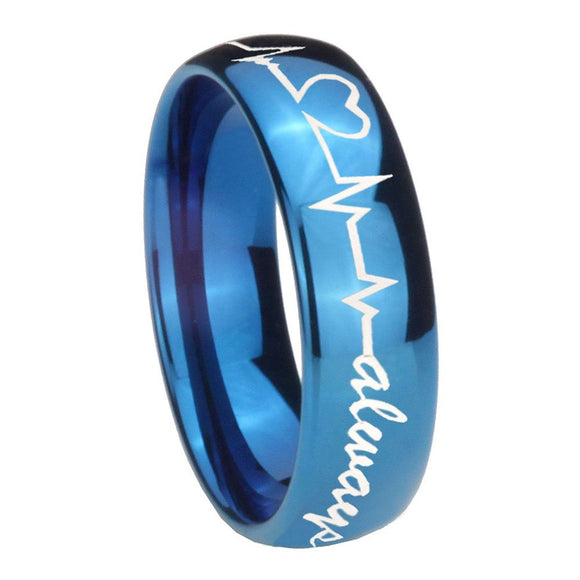 8mm Heart Beat forever Heart always Dome Blue Tungsten Mens Ring Personalized