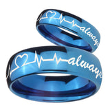 His Hers Heart Beat forever Heart always Dome Blue Tungsten Mens Ring Set