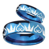 Bride and Groom Hearts and Crowns Dome Blue Tungsten Carbide Promise Ring Set