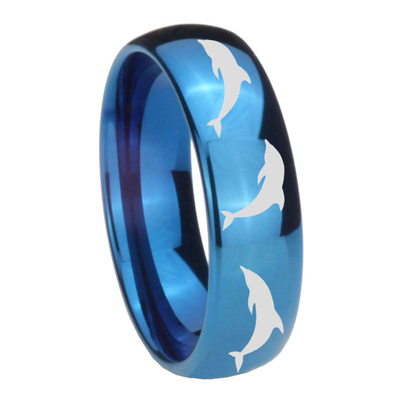 8mm Dolphins Dome Blue Tungsten Carbide Wedding Engraving Ring