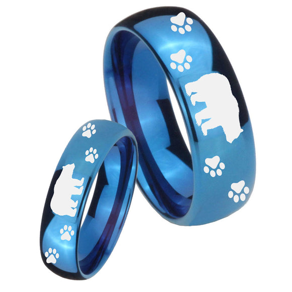 Bride and Groom Bear and Paw Dome Blue Tungsten Carbide Men's Promise Rings Set