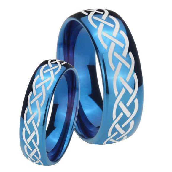 Bride and Groom Celtic Knot Dome Blue Tungsten Personalized Ring Set