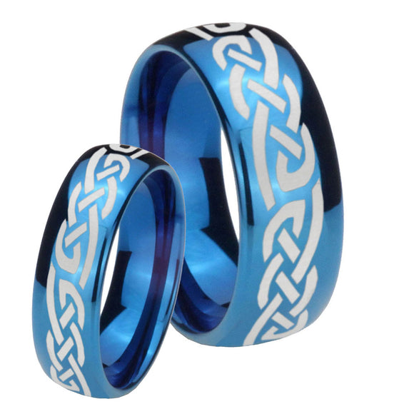 Bride and Groom Celtic Knot Infinity Love Dome Blue Tungsten Personalized Ring Set