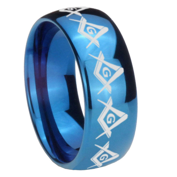 8mm Masonic Square and Compass Dome Blue Tungsten Carbide Men's Wedding Band