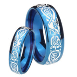 Bride and Groom Celtic Knot Dragon Dome Blue Tungsten Carbide Bands Ring Set