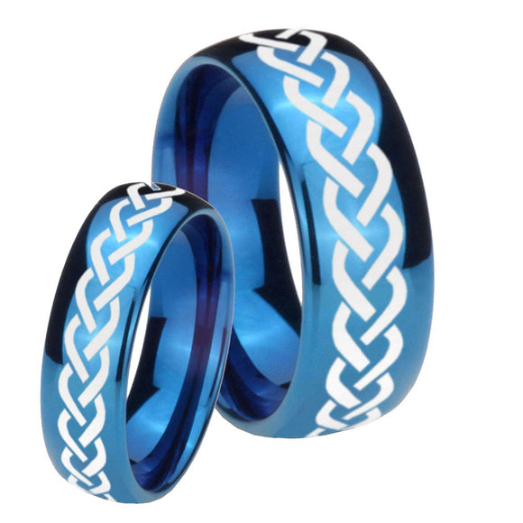 Bride and Groom Laser Celtic Knot Dome Blue Tungsten Personalized Ring Set