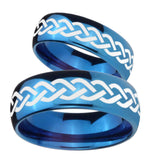 Bride and Groom Laser Celtic Knot Dome Blue Tungsten Personalized Ring Set