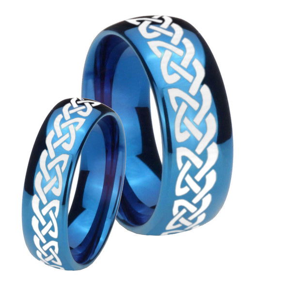 Bride and Groom Celtic Knot Love Dome Blue Tungsten Personalized Ring Set