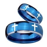 Bride and Groom Crosses Dome Blue 2 Tone Tungsten Carbide Promise Ring Set