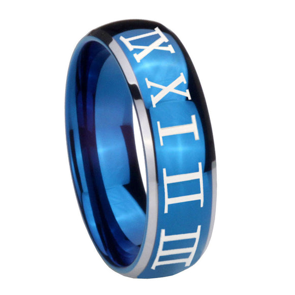 8mm Roman Numeral Dome Blue 2 Tone Tungsten Carbide Wedding Engraving Ring