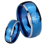 His Hers Fleur De Lis Dome Blue 2 Tone Tungsten Mens Engagement Band Set