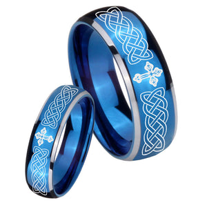Bride and Groom Celtic Cross Dome Blue 2 Tone Tungsten Mens Bands Ring Set